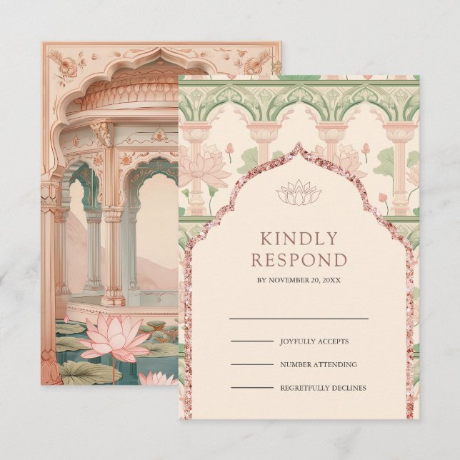 Blush Pink Mint Green Lotus Garden Indian Wedding RSVP Card (Front/Back)