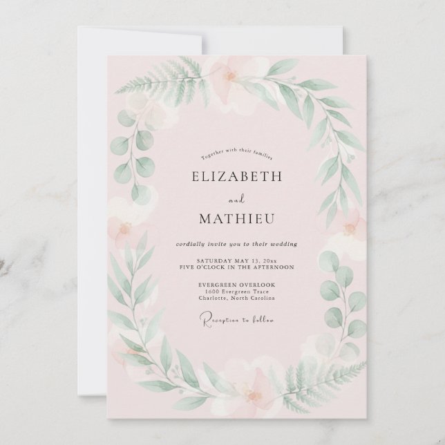 Blush Pink Mint Leafy Wedding Invitation (Front)