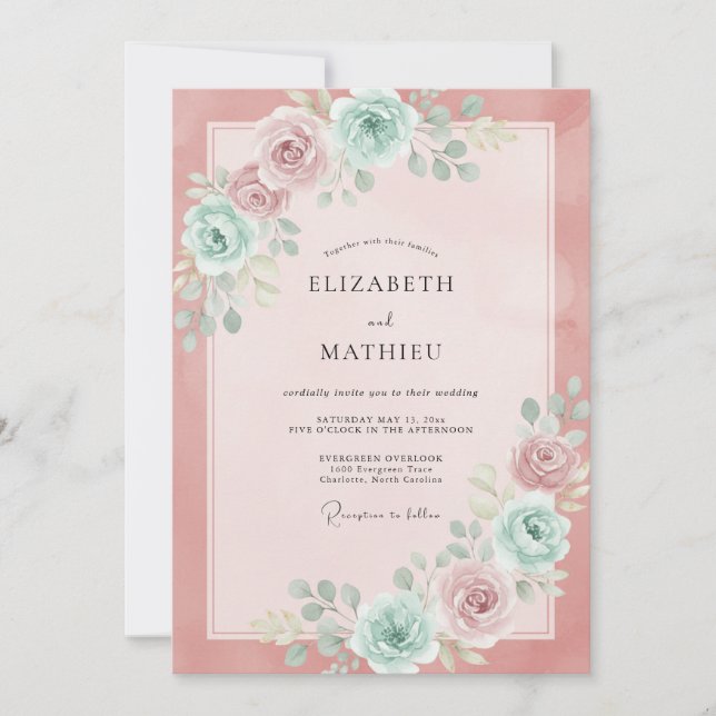 Blush Pink Mint Peony Wedding Invitation (Front)