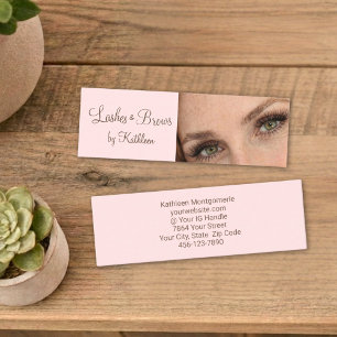 Blush Pink Mocha Script Photo Lashes and Brows Mini Business Card