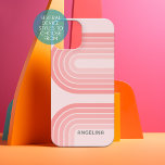 Blush Pink Mod Retro Striped Pattern Custom Name iPhone 15 Case<br><div class="desc">70s Inspired Retro Stripes - A funky pattern with bold stripes and a monogram of your first or last name. If your art still needs to be adjusted, click on the Customise This button. This will take you to a design area where you can move things around and even change...</div>