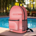 Blush Pink Mod Retro Striped Pattern Custom Name Printed Backpack<br><div class="desc">70s Inspired Retro Stripes - A funky pattern with bold stripes and a monogram of your first or last name. If your art still needs to be adjusted, click on the Customise This button. This will take you to a design area where you can move things around and even change...</div>