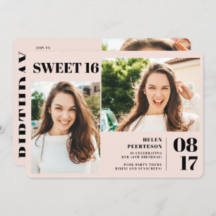 Blush pink modern bold 3 photos Sweet 16 birthday Invitation