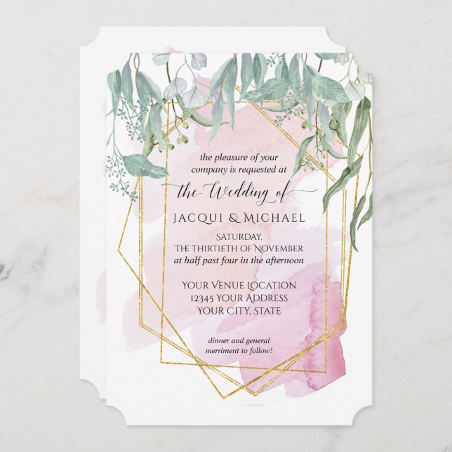Blush Pink Modern Geometric Watercolor Eucalyptus Invitation (Front/Back)