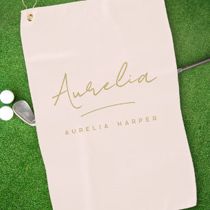 Blush Pink Modern Gold Script Monogram Signature Golf Towel