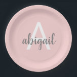 Blush Pink Modern Grey Cute Monogram Paper Plate<br><div class="desc">Customised monogrammed script name and initial modern and elegant cute girly Blush Pink and Grey (Grey) Add Your Name Party Plate are personalised and perfect for Sweet 16,  1st,  21st,  30th,  40th,  50th,  60th,  70th,  Birthday Party,  Weddings,  Graduation,  Quinceanera,  Bridal Shower,  Bachelorette Party,  Anniversary  or Baby Shower.</div>