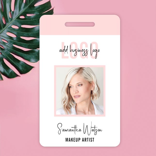 Blush Pink Modern Logo Lash Salon or Spa Photo ID ID Badge (Feminine ID employee name badge in blush pink and white with space for your logo and photo)