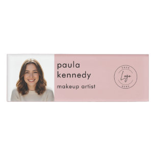 Blush Pink Modern Logo Photo Makeup Name Tag