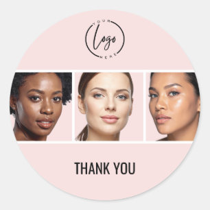 Blush Pink Modern Logo Photo Makeup Thank You Classic Round Sticker