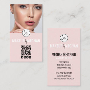 Blush Pink Modern Logo QR Code Photo Makeup Busine Business Card