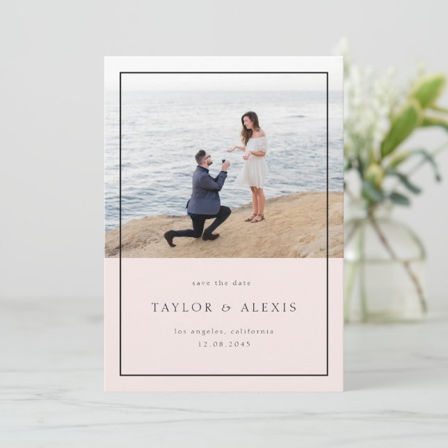 Blush Pink Modern Minimalist Frame Photo Save The Date (Standing Front)