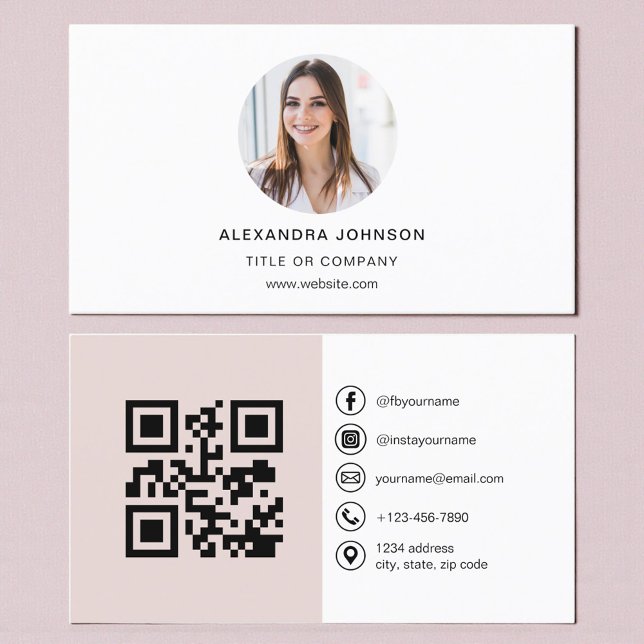 Blush Pink Modern Photo with QR Code Social Media Business Card (Creator Uploaded)