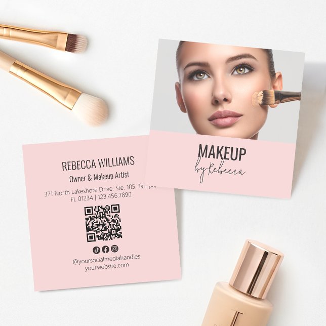 Blush Pink Modern QR Code Photo Makeup Square Business Card (Blush pink makeup artist business card with photo and QR code)