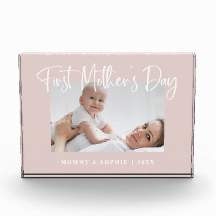 Blush Pink   Modern Script First Mother's Day Photo Block