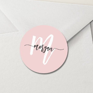 Blush Pink Modern Script Girly Monogram Name Classic Round Sticker
