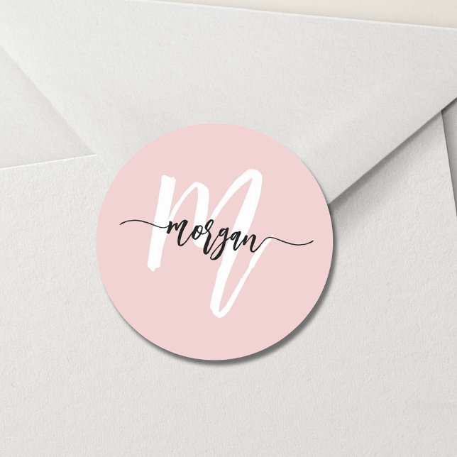Blush Pink Modern Script Girly Monogram Name Classic Round Sticker (Creator Uploaded)