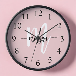 Blush Pink Modern Script Girly Monogram Name Clock