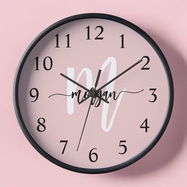 Blush Pink Modern Script Girly Monogram Name  Clock (Creator Uploaded)