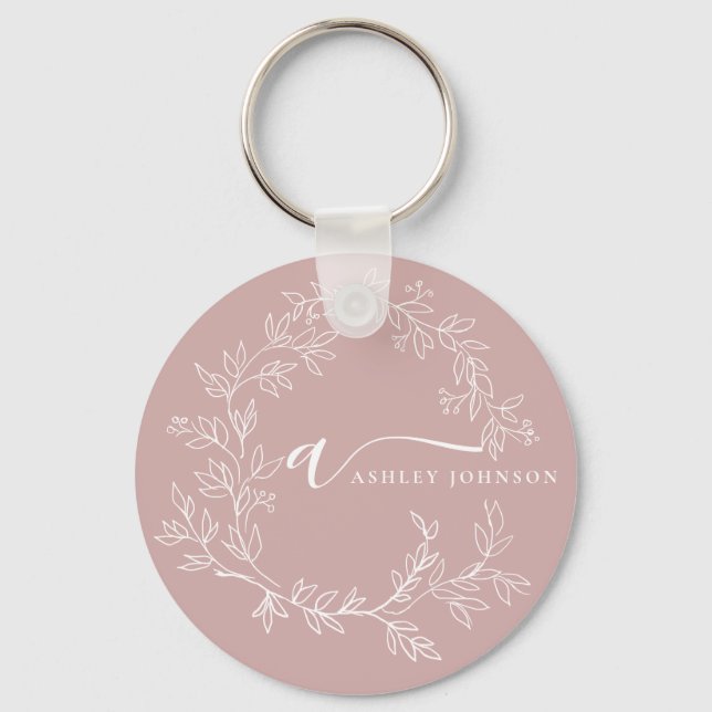 Blush Pink Modern Script Girly Monogram Name Key Ring (Front)