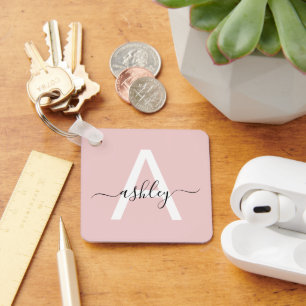 Blush Pink Modern Script Girly Monogram Name Key Ring