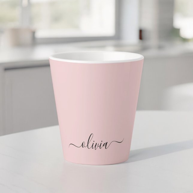 Blush Pink Modern Script Girly Monogram Name Latte Mug (Creator Uploaded)