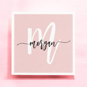 Blush Pink Modern Script Girly Monogram Name Napkin