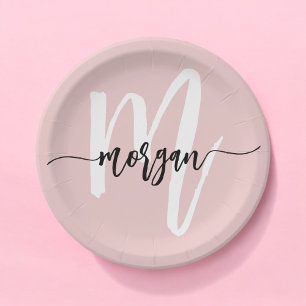 Blush Pink Modern Script Girly Monogram Name Paper Plate