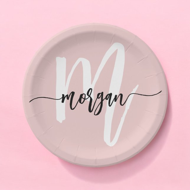 Blush Pink Modern Script Girly Monogram Name Paper Plate (Creator Uploaded)