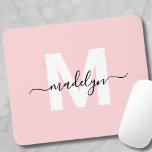 Blush Pink Modern Script Name Monogram Mouse Pad<br><div class="desc">Personalised Blush Pink Initial Monogram Mouse Pad. Add a touch of elegance to your workspace with this stylish mouse pad. Featuring a soft blush pink background, a crisp white initial letter, and a sleek black script name, this design is perfect for anyone who loves a feminine and luxurious look. Ideal...</div>
