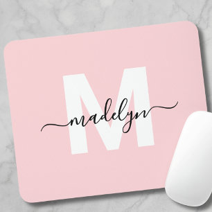 Blush Pink Modern Script Name Monogram Mouse Pad