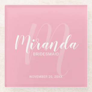 Blush Pink Modern Script Personalised Bridesmaids Glass Coaster