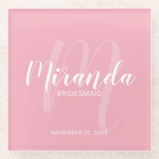 Blush Pink Modern Script Personalised Bridesmaids Glass Coaster (Front)