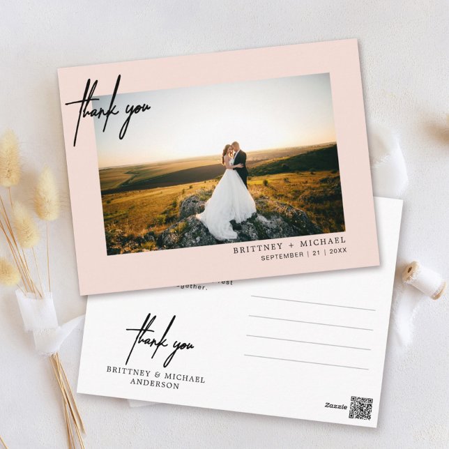 Blush Pink Modern Script Photo Wedding Thank You Postcard (Creator Uploaded)