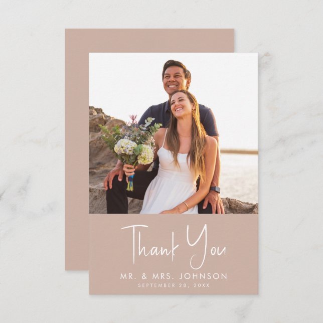 Blush Pink Modern Script Trendy Minimalist Wedding Thank You Card (Front/Back)