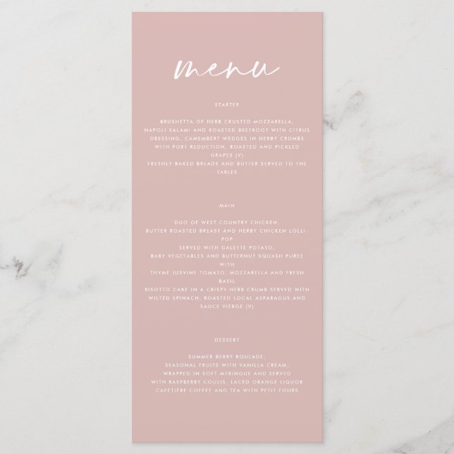 Blush pink modern simple elegant script wedding menu (Front)
