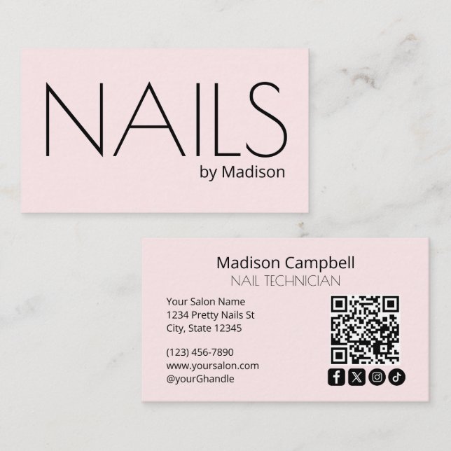 Blush Pink Modern Social Icon QR Code Nails Business Card (Front/Back)