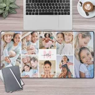 Blush Pink Monogram 8 Photo Collage Desk Mat