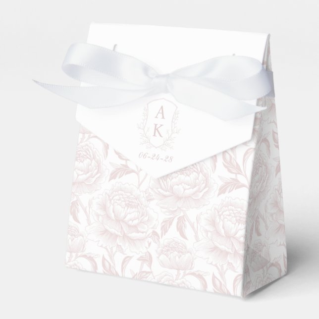 Blush pink Monogram Crest Chinoiserie Peonies Favour Box (Front Side)