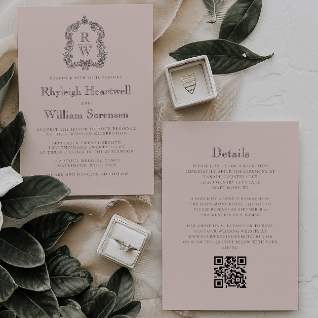 Blush Pink Monogram Crest QR Code Wedding Invitation (Creator Uploaded)