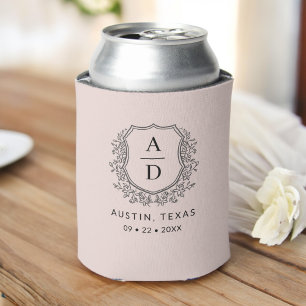 Blush Pink Monogram Crest Wedding Elegant Can Cooler