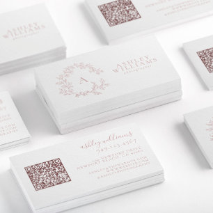Blush Pink Monogram Floral Crest QR Code Business Card