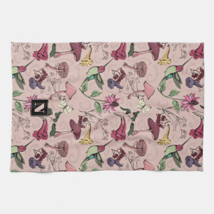 Blush Pink Monogram Hummingbird & Flowers Garden Tea Towel