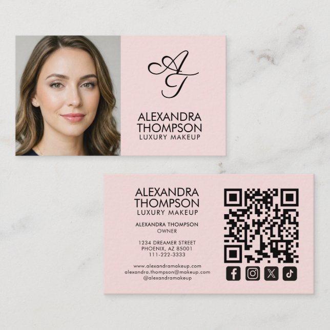Blush Pink Monogram Makeup Qr Code Social Icon Business Card (Front/Back)