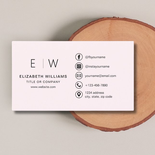 Blush Pink Monogram Minimalist Social Media Icons Business Card (Creator Uploaded)
