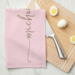 Blush Pink Monogram Name Gold Calligraphy Script Tea Towel<br><div class="desc">Chic Modern Elegant Gold Monogram Name Signature Script Custom Personalised Blush Pink Kitchen Towel. Featuring custom name in a hand lettered swash tail font calligraphy (or typography) in gold on blush pink or baby pink colour background. These are easy to customise it. Great stylish feminine housewarming gift, mother’s day, also...</div>