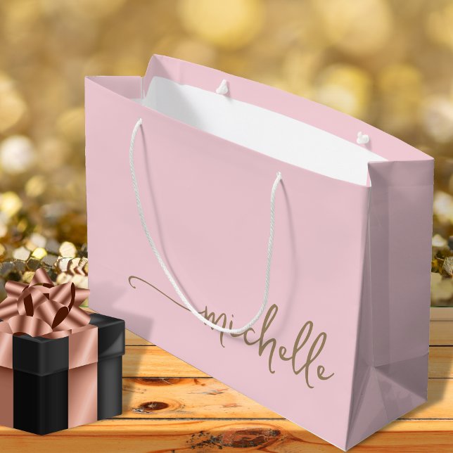Blush Pink Monogram Name Script Gold Calligraphy Large Gift Bag (Creator Uploaded)