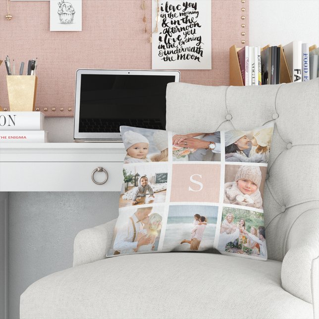 Blush Pink Monogram Photo Collage Cushion (Creator Uploaded)