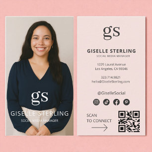 Blush Pink Monogram Photo Social Media QR Code Business Card