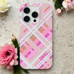 Blush pink monogram plaid girly magenta white  iPhone 15 pro case
