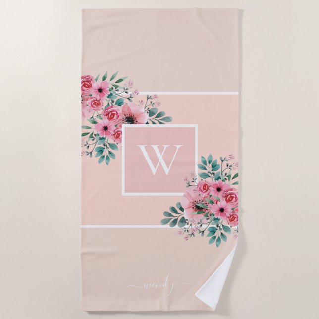 Blush Pink Monogram Watercolour Flowers Beach Towel (Front)